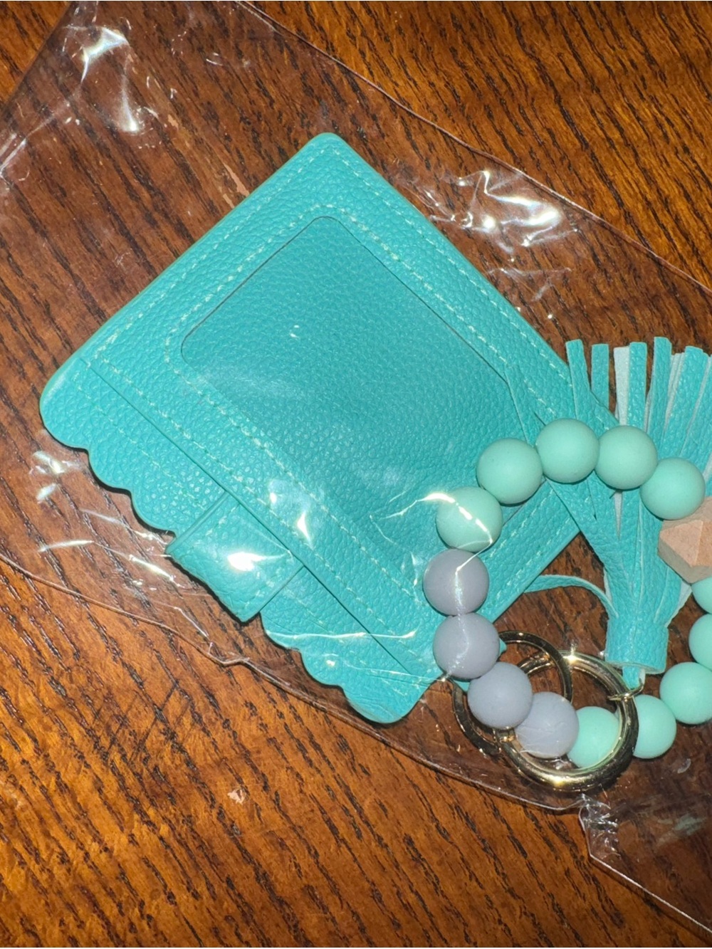 Turquoise Card Holder Keychain with Bead Bracelet and Tassel